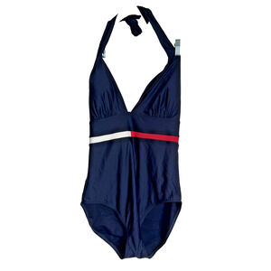 Tommy Hilfiger Sz 10 One Piece Halter Swimsuit Traditional Red White Blue Preppy